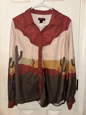 Rock & Roll Denim Desert Cactus Button Down Long Sleeve Western Blouse